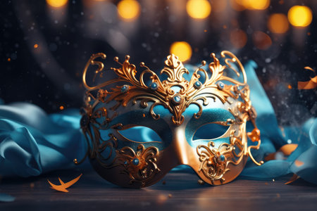 Enigmatic Elegance: Venetian Masquerade Mask Amidst Glistening Lights by Generative AIの素材