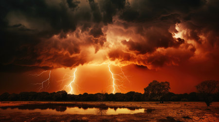 Electric Skies: A Fierce Thunderstorm Over Barren Lands at Sunset by Generative AIの素材