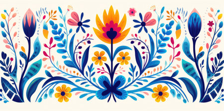 Vibrant Mexican Folk Art Floral Design on a Deep Blue Canvas by Generative AIの素材