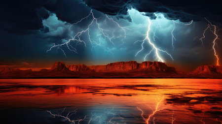 Electric Skies: A Fierce Thunderstorm Over Barren Lands at Sunset by Generative AIの素材