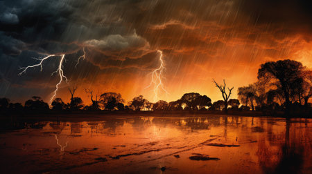 Electric Skies: A Fierce Thunderstorm Over Barren Lands at Sunset by Generative AIの素材