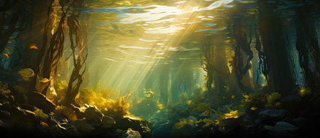 Enchanted Undersea Journey Through a Sunlit Kelp Forest by Generative AIの素材