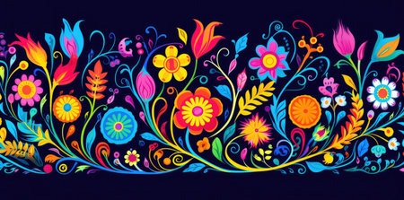 Vibrant Mexican Folk Art Floral Design on a Deep Blue Canvas by Generative AIの素材