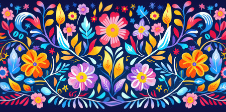 Vibrant Mexican Folk Art Floral Design on a Deep Blue Canvas by Generative AIの素材