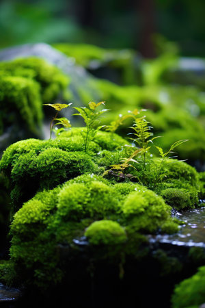 Serene Harmony: Moss-Covered Stones Adorn a Whispering Forest Stream by Generative AIの素材