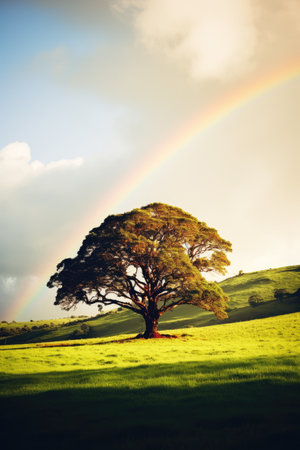 Spectacular Rainbow Arc Over a Lush Meadow: Nature's Splendor by Generative AIの素材