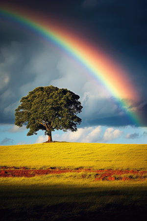 Spectacular Rainbow Arc Over a Lush Meadow: Nature's Splendor by Generative AIの素材