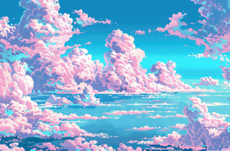 Serene Pixelated Seascape at Dawn with Pastel Clouds by Generative AIの素材