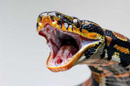 Majestic Python Mid-Hiss Showcasing Vibrant Scales and Fangs by Generative AIの素材