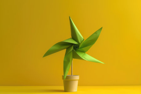 Whimsical Green Paper Pinwheel on Vibrant Yellow by A Generative AIの素材