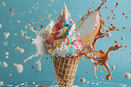 Artistic Ice Cream Delight with Colorful Paint Splatters by Generative AIの素材