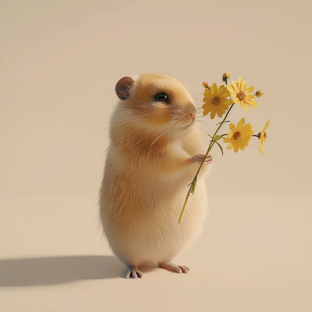 Adorable Hamster Tenderly Holding a Bouquet of Yellow Flowers by Generative AIの素材