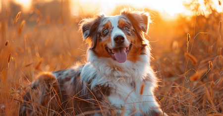 Glowing Fields: An Australian Shepherd's Sunset Adventure by Generative AIの素材