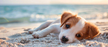 Serene Puppy Enjoying a Peaceful Sunset on the Beach by Generative AIの素材