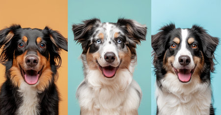 Expressions of Joy: Trio of Australian Shepherds with a Heartwarming Smile by Generative AIの素材
