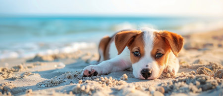 Serene Puppy Enjoying a Peaceful Sunset on the Beach by Generative AIの素材