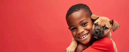 Boy's Best Friend: Sharing Smiles and Love with a Golden Puppy by Generative AIの素材