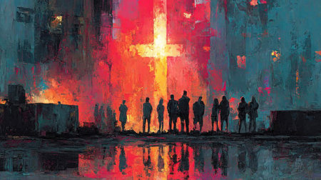Group of people watching glowing cross-shaped light on urban wall at night with reflections on wet ground by Generative AIの素材