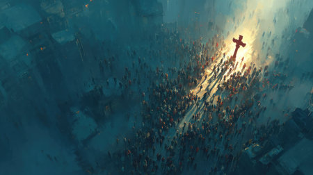 Large crowd gathering around glowing cross in misty urban environment with dramatic shadows and ethereal lighting by Generative AIの素材