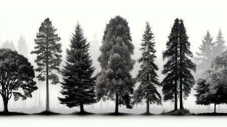 Row of different tree species in misty monochrome forest landscape by Generative AIの素材