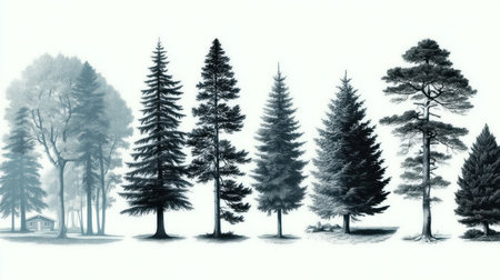 Row of different tree species in misty monochrome forest landscape by Generative AIの素材