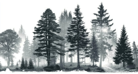 Row of different tree species in misty monochrome forest landscape by Generative AIの素材