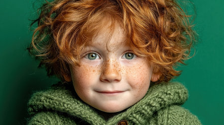 Curly red haired freckled child in green knit sweater against green background by Generative AIの素材