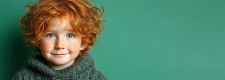 Curly red haired freckled child in dark green knit sweater against green background by Generative AIの素材