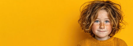 Smiling freckled boy with tousled hair in yellow sweater against vibrant yellow wall by Generative AIの素材