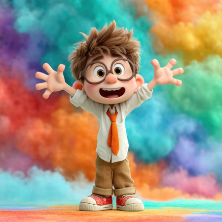 Cute cartoon boy with glasses white shirt orange tie and brown pants raising arms on colorful cloud background by Generative AIの素材