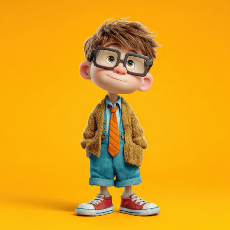 Cute cartoon boy with big glasses wearing cardigan shirt tie rolled shorts and sneakers on orange background by Generative AIの素材