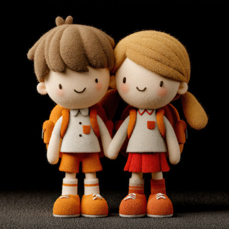 Cute cartoon school kids, smiling boy and girl with backpacks holding hands studio portrait on black background by Generative AIの素材