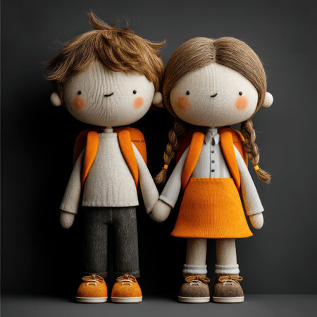 Cute cartoon school kids, smiling boy and girl with backpacks holding hands studio portrait on black background by Generative AIの素材