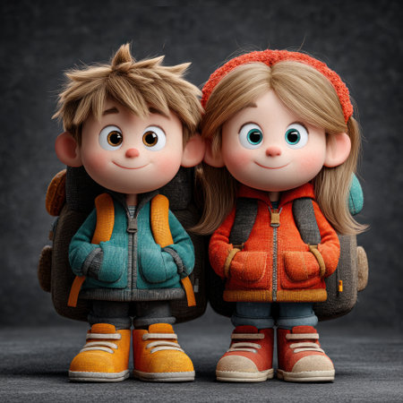 Cute cartoon school kids, smiling boy and girl with backpacks holding hands studio portrait on black background by Generative AIの素材