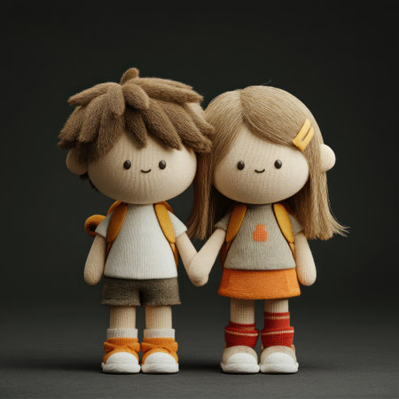 Cute cartoon school kids, smiling boy and girl with backpacks holding hands studio portrait on black background by Generative AIの素材