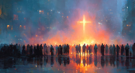 Crowd silhouetted against glowing cross in fiery haze on wet city street at night with dramatic reflections and atmosphere by Generative AIの素材