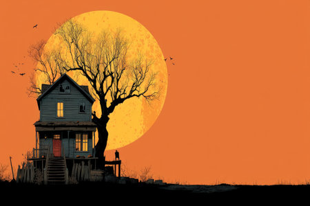 Abandoned haunted house with broken windows and eerie tree under full moon in orange Halloween sunset landscape by Generative AIの素材