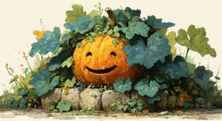 Smiling carved pumpkin with lush green leaves in garden patch surrounded by vines and stone base in cheerful autumn setting by Generative AIの素材
