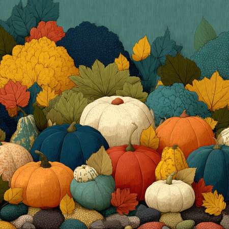 Colorful pumpkins and gourds surrounded by vibrant autumn leaves and textured foliage in detailed seasonal harvest illustration by Generative AIの素材