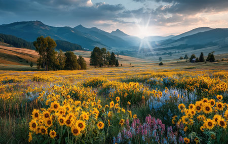 Golden sunflower meadow with colorful wildflowers and trees in a mountain valley during sunrise under dramatic sky by Generative AIの素材
