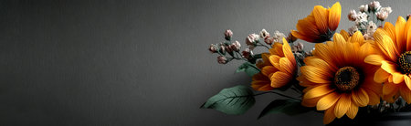 Sunflower bouquet with delicate white blossoms in a dark vase against elegant textured gray background by Generative AIの素材
