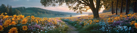 Colorful wildflower meadow at sunrise with sunflowers, trees, and misty hills creating a peaceful scenic landscape by Generative AIの素材