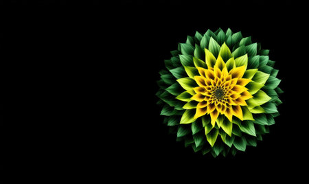 Abstract fractal sunflower design with layered green and yellow petals forming a radial pattern on a black background by Generative AIの素材