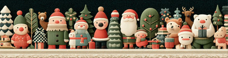 Christmas characters with festive outfits and gifts standing in a row with trees, toys, and animals on a textured background by Generative AIの素材