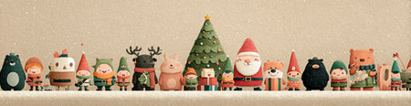 Cute Christmas characters with Santa, elves, animals, and tree standing in a snowy festive scene on beige textured background by Generative AIの素材