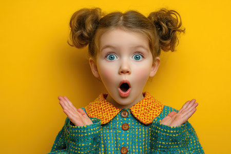 Shocked little girl with wide open mouth and raised hands wearing colorful outfit on bright yellow background by Generative AIの素材