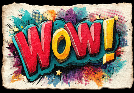 Comic style WOW text with colorful explosive background on textured vintage paper for dramatic visual effect by Generative AIの素材