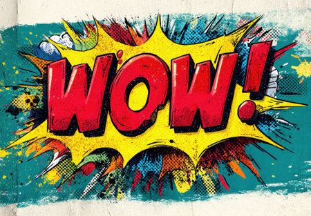 Comic style WOW text with colorful explosive background on textured vintage paper for dramatic visual effect by Generative AIの素材