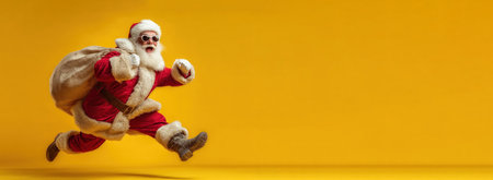 Energetic Santa Claus wearing sunglasses jumping joyfully with a sack of gifts against vibrant yellow background by Generative AIの素材
