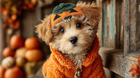 Cute fluffy puppy in pumpkin costume with hoodie sitting by rustic wooden wall surrounded by autumn pumpkins and decor by Generative AIの素材